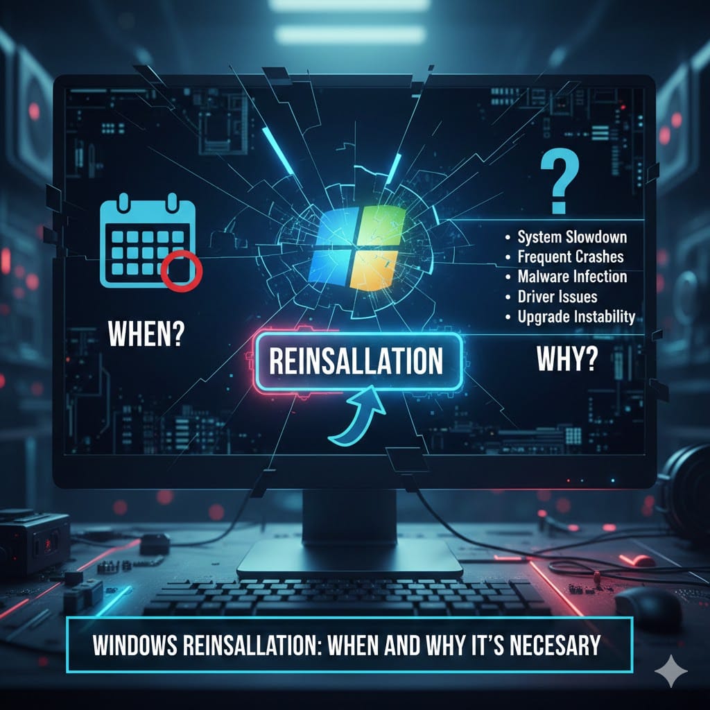Windows reinstallation service concept showing system errors, malware infection, crashes, and performance issues on computer screen