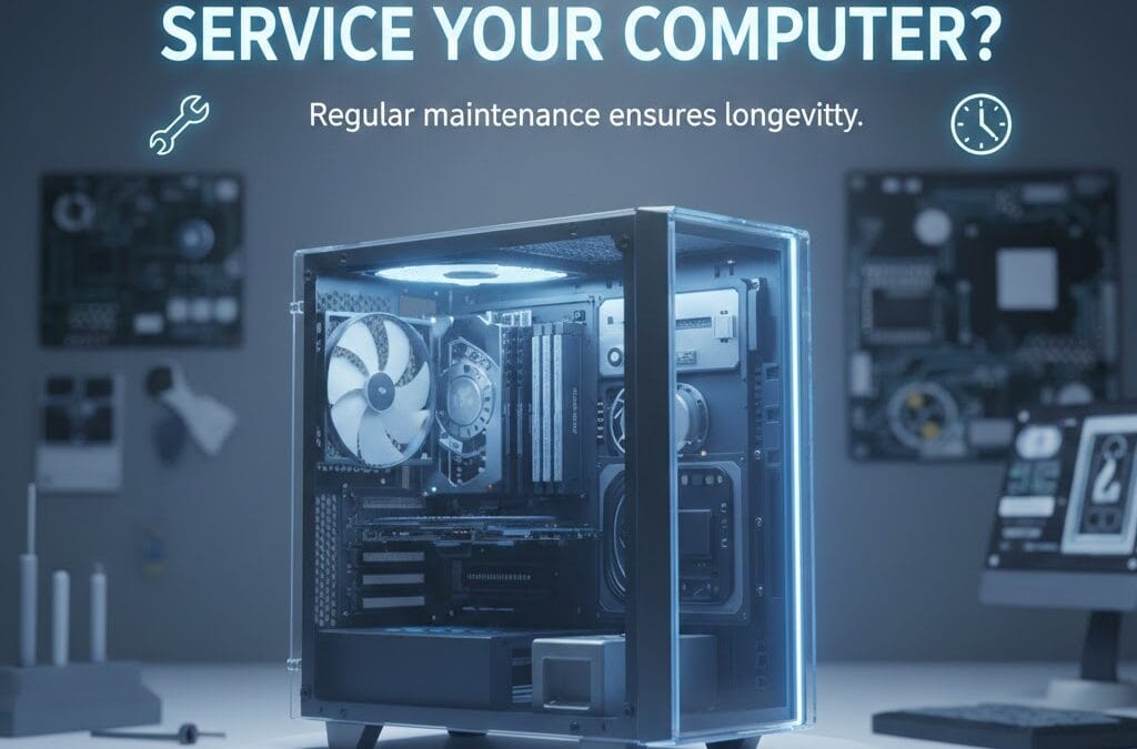 Modern desktop services computer on display platform with internal components visible, representing regular computer maintenance and servicing.