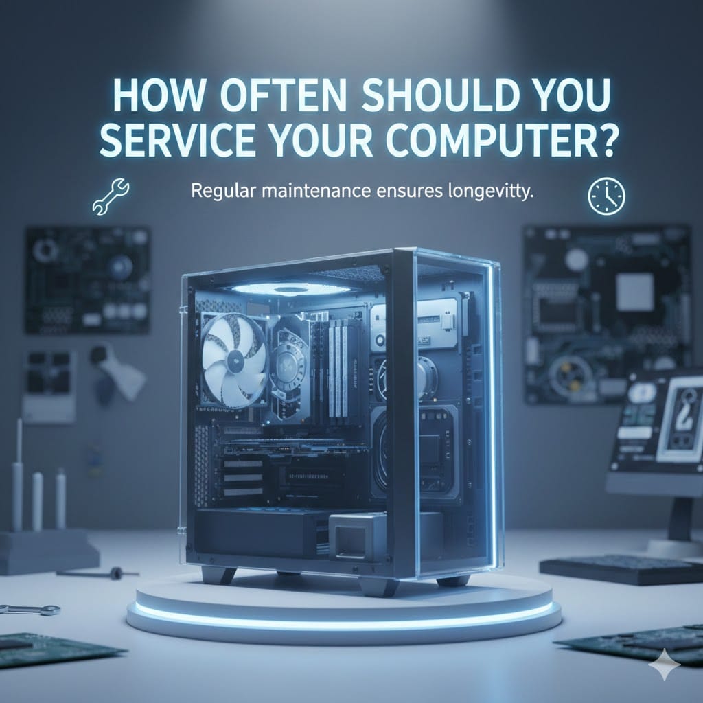 Modern desktop services computer on display platform with internal components visible, representing regular computer maintenance and servicing.