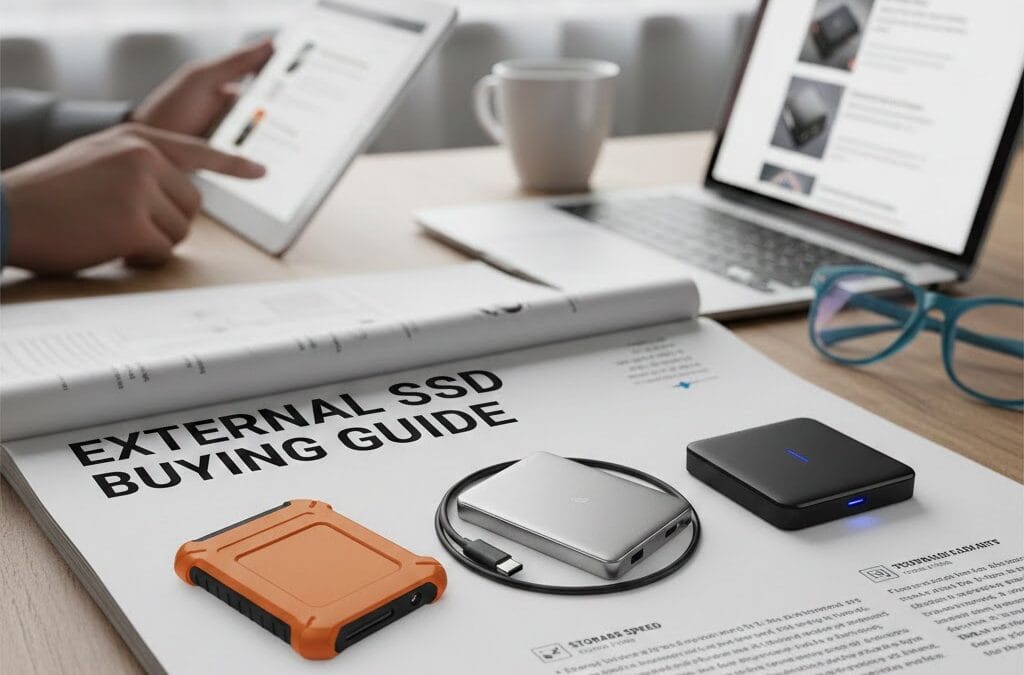 External SSD buying guide magazine on a desk with three portable SSDs, a laptop, tablet, coffee mug, and eyeglasses.