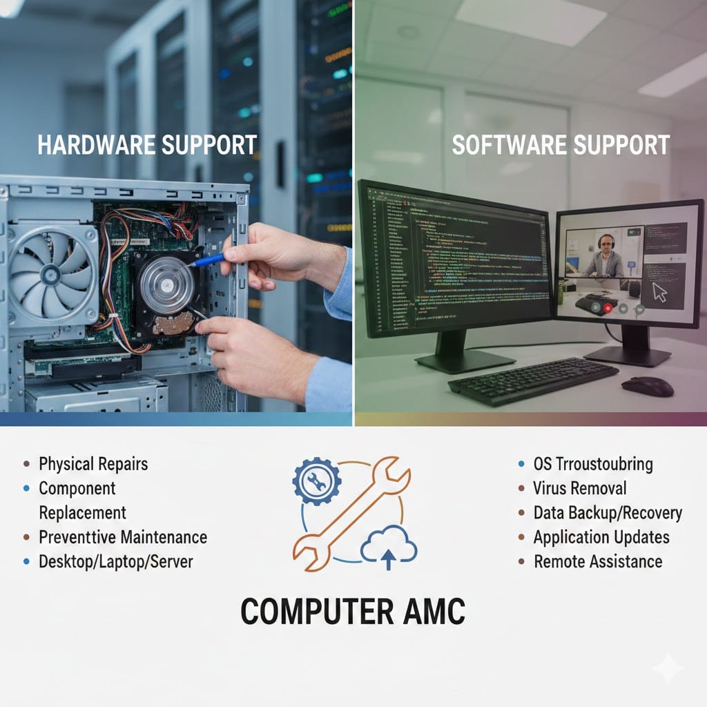 Hardware vs Software Support in Computer AMC showing physical repairs and component replacement on one side, and OS troubleshooting, virus removal, and remote assistance on the other.