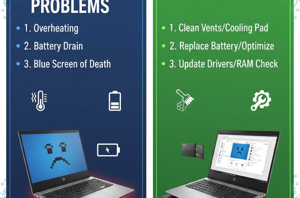 Common problems in HP laptops and fixes including overheating, battery drain, blue screen error and solutions like cleaning vents, replacing battery, and updating drivers.