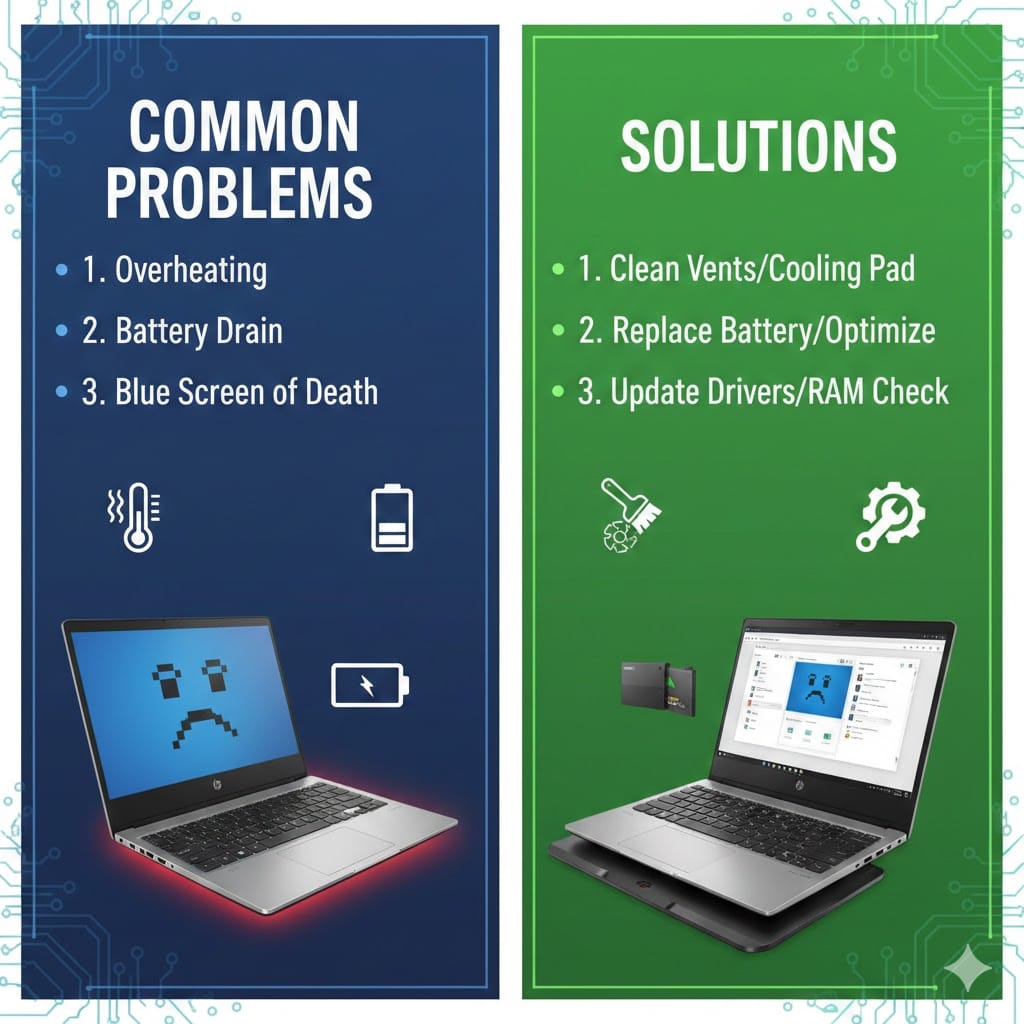 Common problems in HP laptops and fixes including overheating, battery drain, blue screen error and solutions like cleaning vents, replacing battery, and updating drivers.