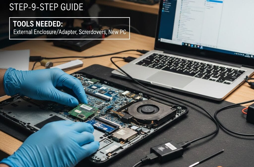 Technician performing dead laptop data recovery by removing hard drive and connecting it with external adapter