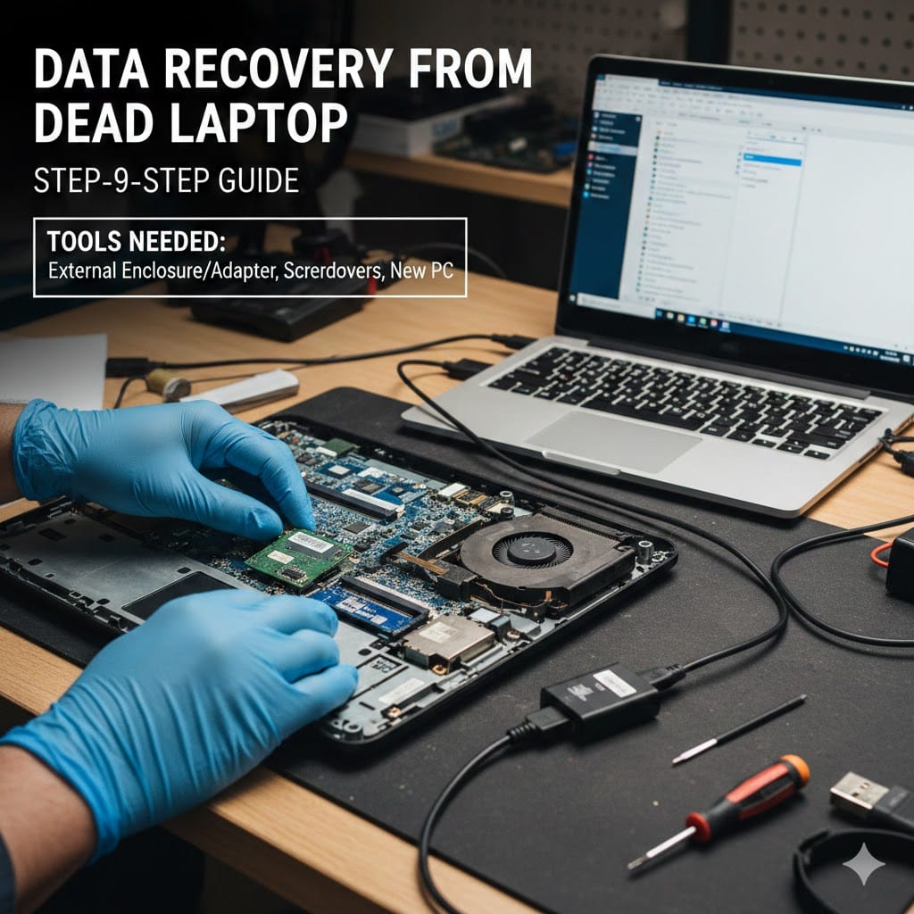 Technician performing dead laptop data recovery by removing hard drive and connecting it with external adapter