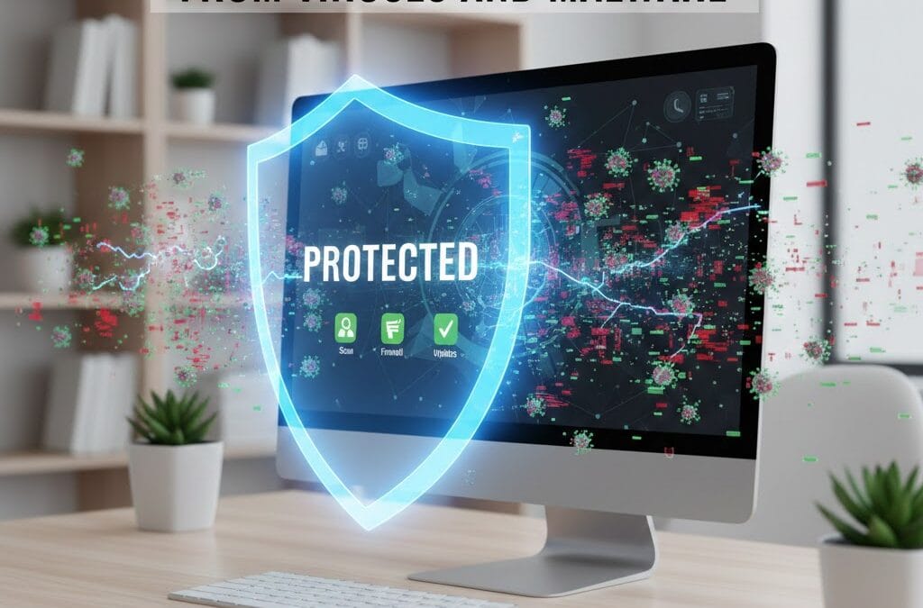 How to protect your computer from viruses and malware with antivirus shield protection on desktop screen