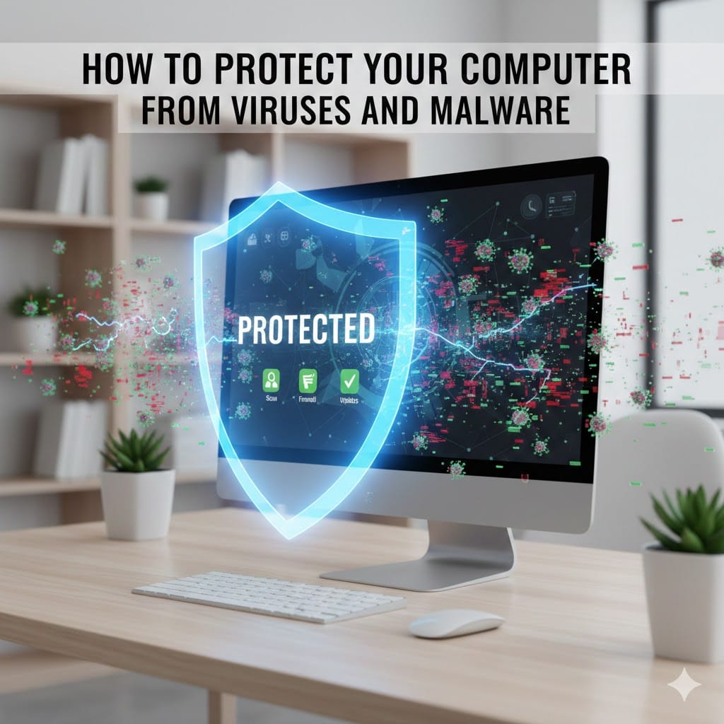 How to protect your computer from viruses and malware with antivirus shield protection on desktop screen