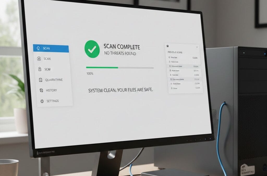 Desktop computer screen showing Windows PCantivirus scan complete with no threats found and system clean status message.