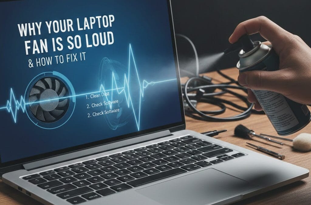 Laptop fan cleaning with compressed air spray showing “Why Your Laptop Fan Is So Loud and How to Fix It” on screen