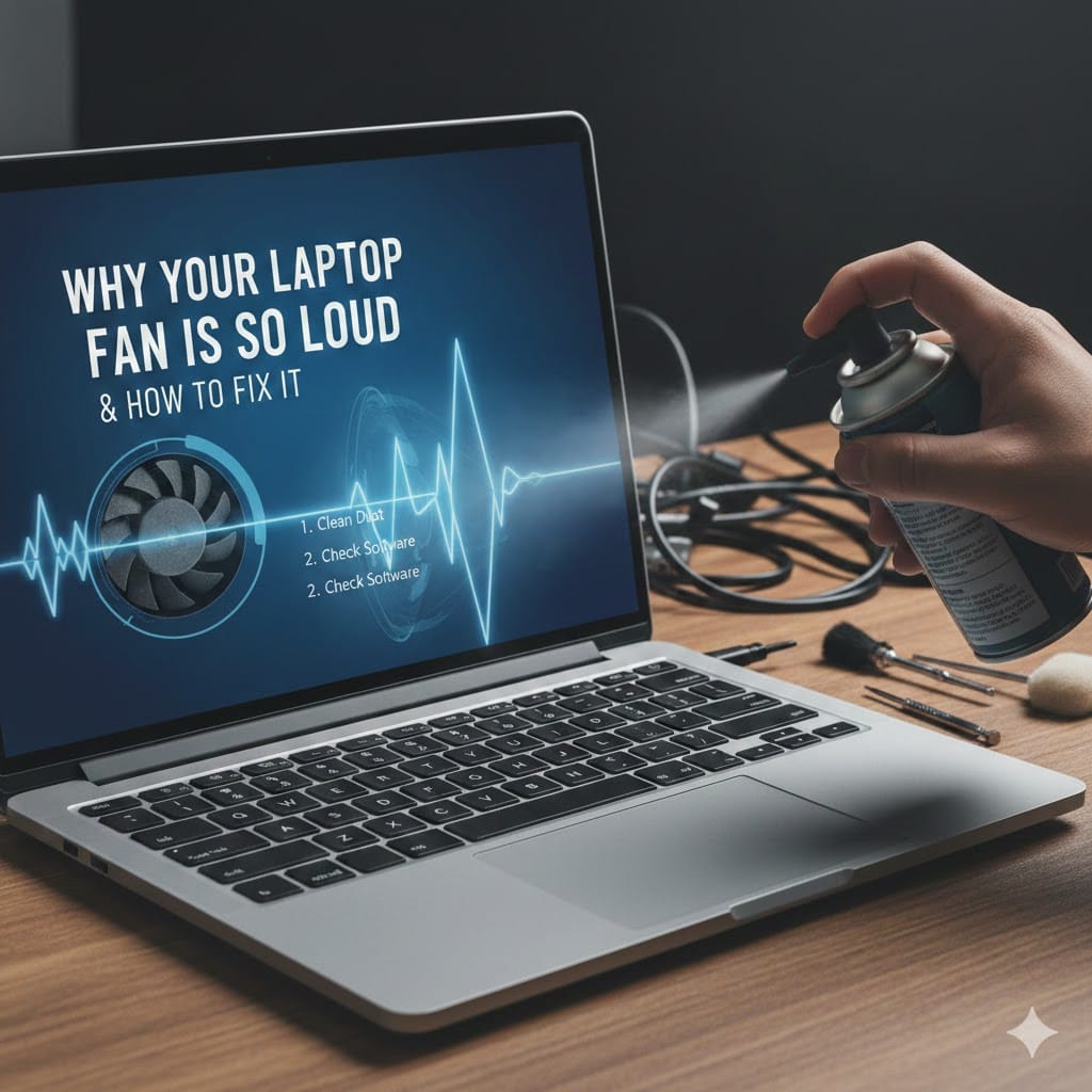 Laptop fan cleaning with compressed air spray showing “Why Your Laptop Fan Is So Loud and How to Fix It” on screen