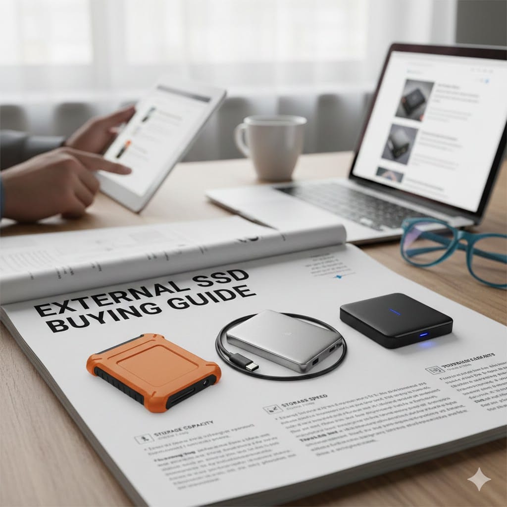 External SSD buying guide magazine on a desk with three portable SSDs, a laptop, tablet, coffee mug, and eyeglasses.