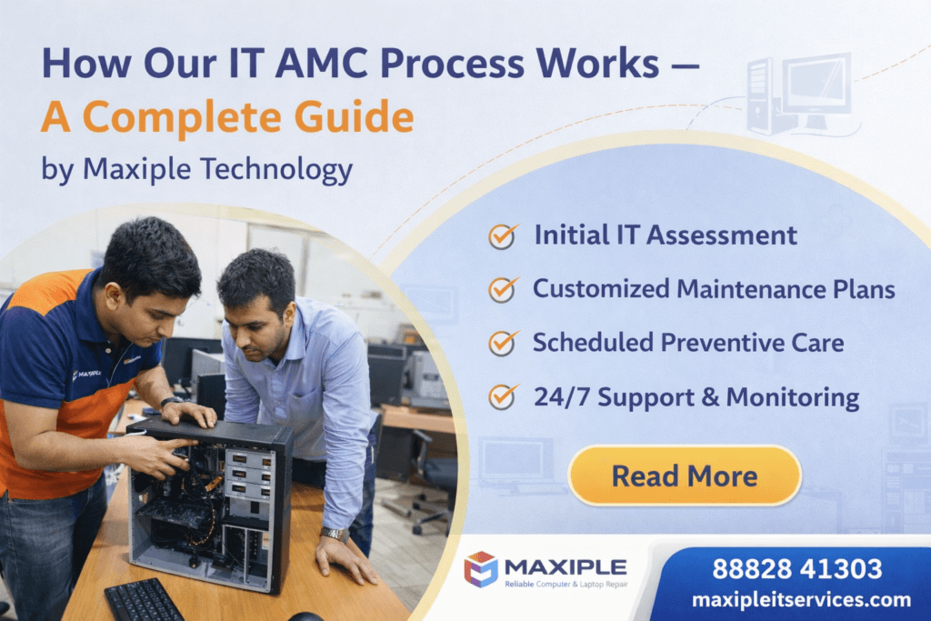 Maxiple Technology IT AMC process guide showing technicians inspecting a desktop computer with steps including assessment, customized maintenance plans, preventive care, and 24/7 support.