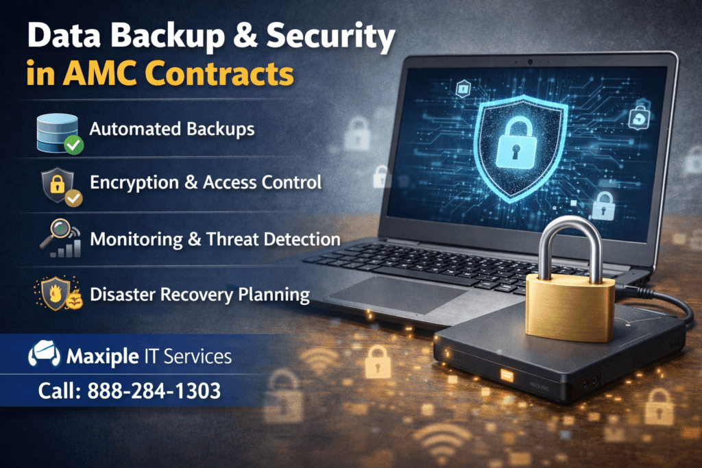 AMC data backup security showing laptop with padlock, external storage, and secure data protection system for business IT maintenance