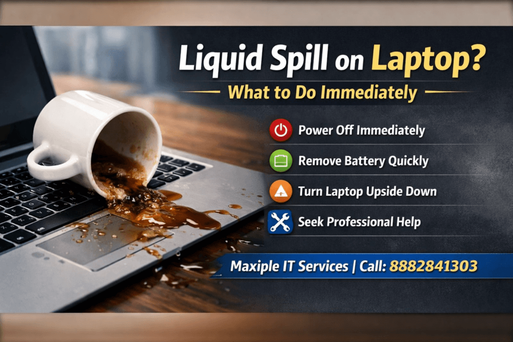 Liquid spilled on laptop keyboard with emergency steps for laptop liquid spill repair and Maxiple IT Services contact number 8882841303