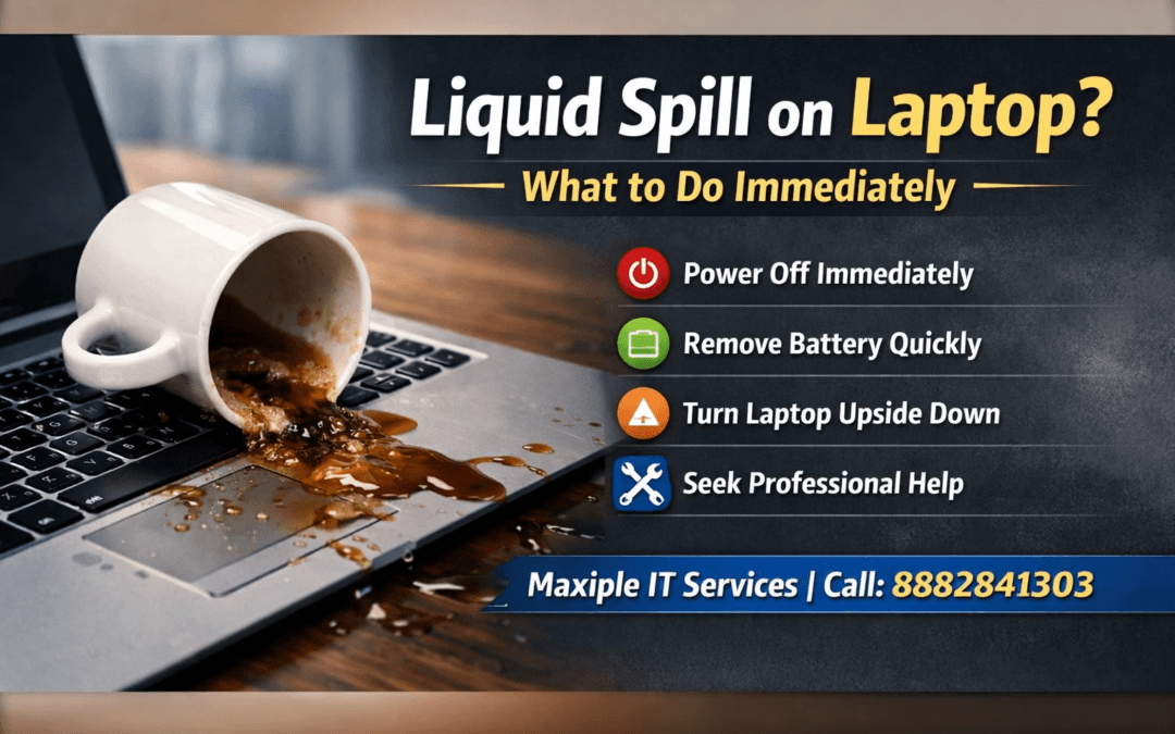 Liquid spilled on laptop keyboard with emergency steps for laptop liquid spill repair and Maxiple IT Services contact number 8882841303