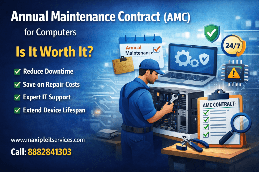 Annual Maintenance Contract (AMC) for Computers infographic showing benefits like reduced downtime, expert IT support, and extended device lifespan with Maxiple IT Services contact details.