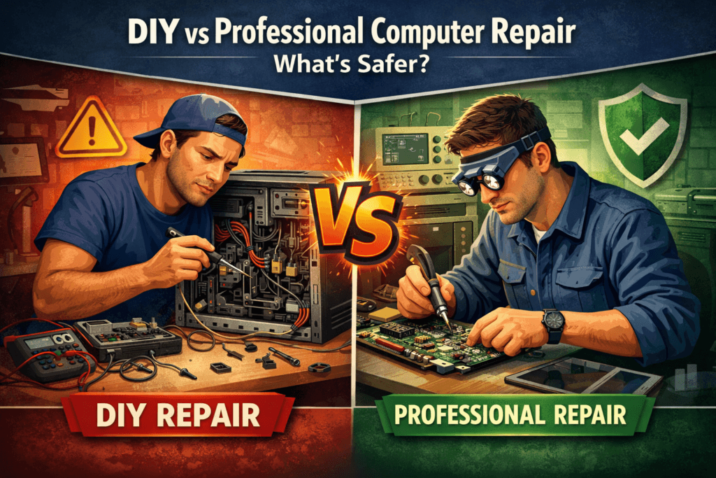 DIY vs Professional Computer Repair comparison showing a person attempting DIY desktop repair on one side and a certified technician performing professional computer repair safely on the other side.