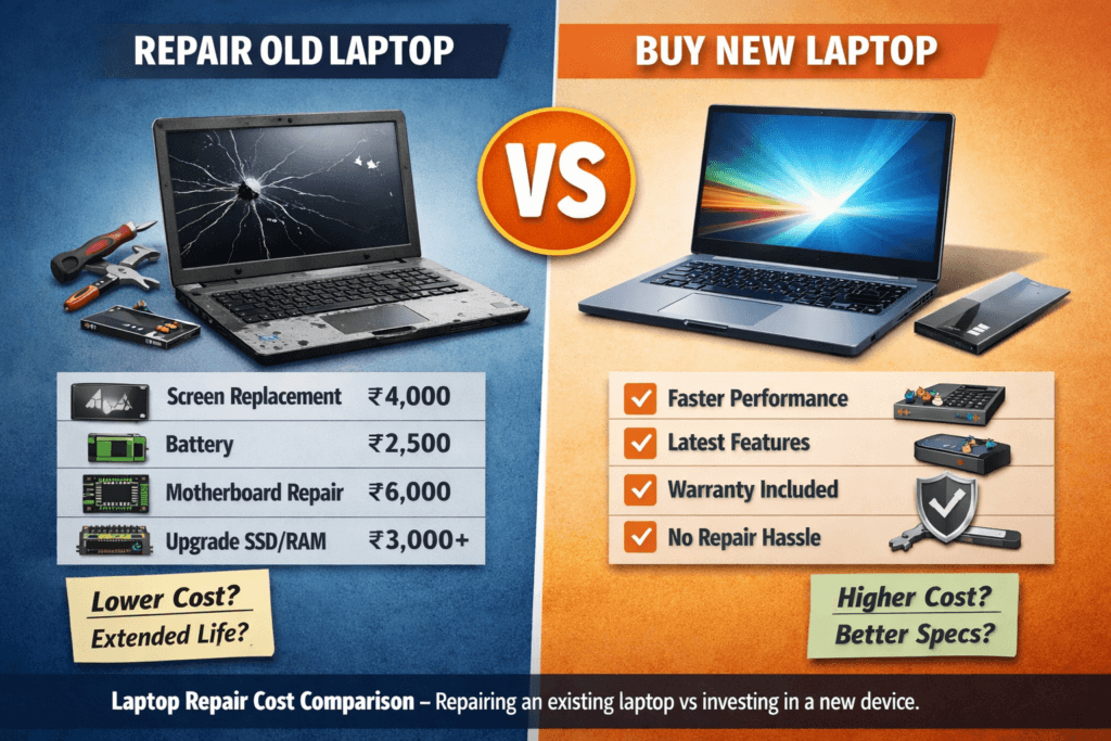 Laptop repair cost comparison showing repair old laptop vs buy new laptop decision with price breakdown and benefits