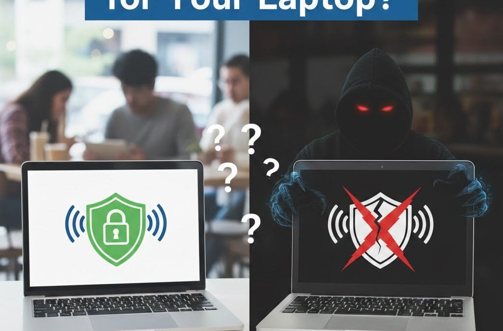 Public WiFi security comparison showing secure VPN connection versus unsecured network risks on laptop