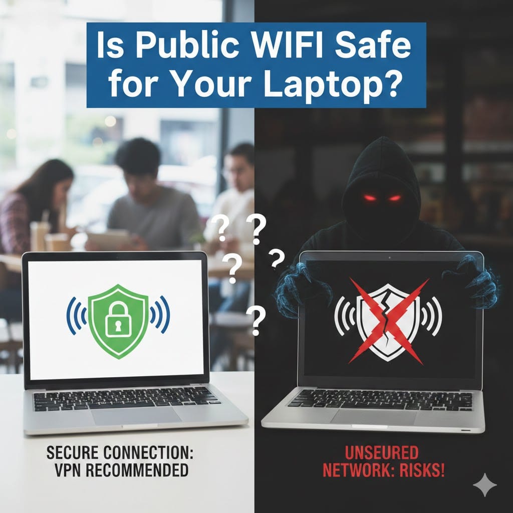 Public WiFi security comparison showing secure VPN connection versus unsecured network risks on laptop